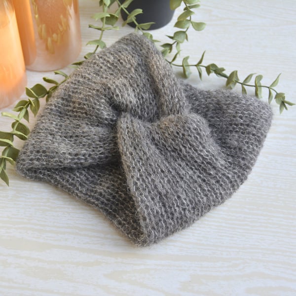 Knitted Headband Earwarmer Soft Alpaca Silk School Uniform Grey Ready Made