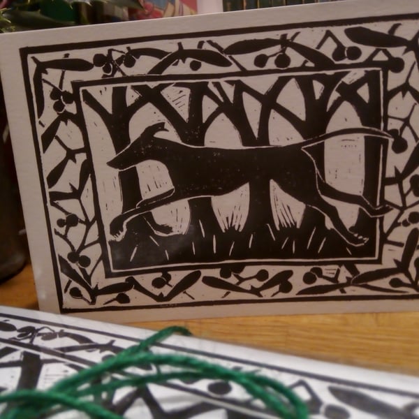 Pack of five running greyhound greetings card based on an original linoprint