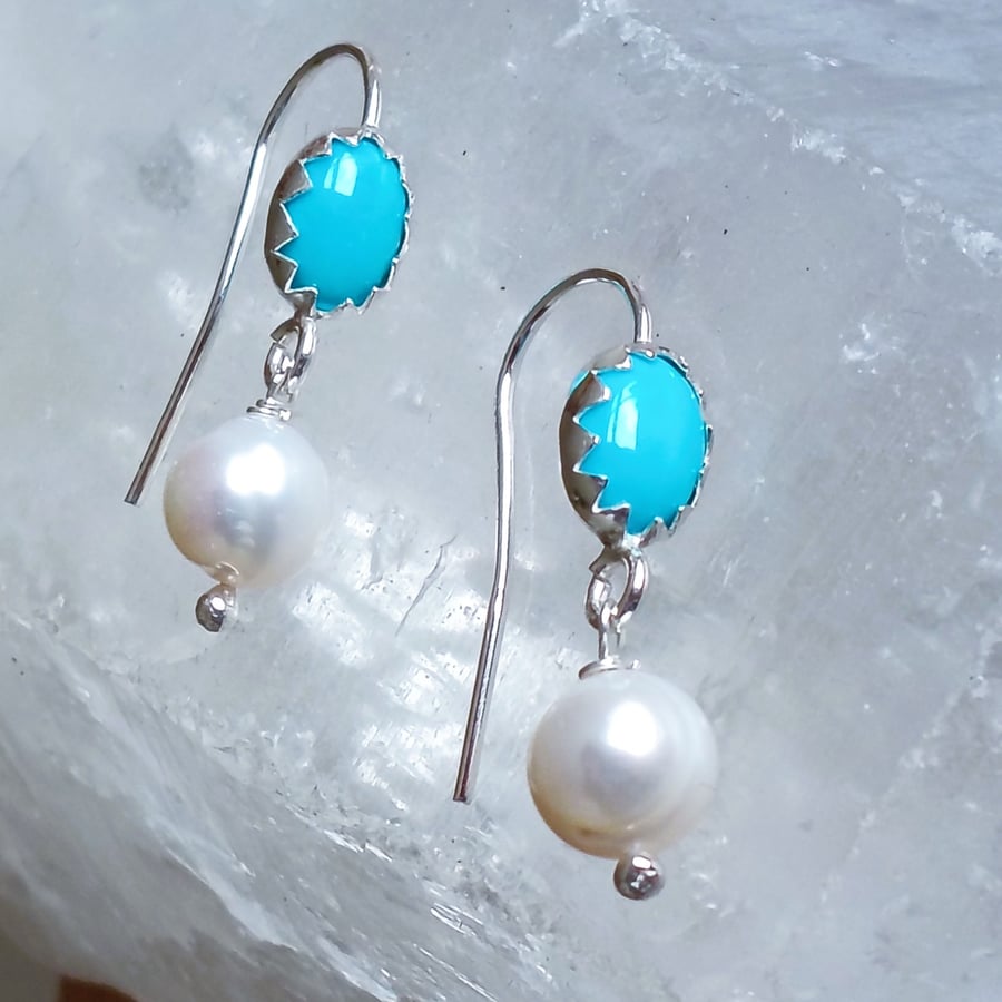 Genuine Turquoise & Freshwater Pearl Sterling Silver Earrings