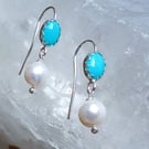 Genuine Turquoise & Freshwater Pearl Sterling Silver Earrings