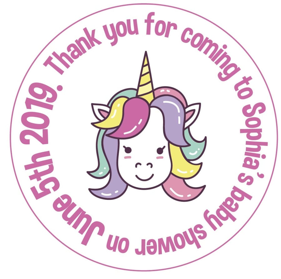 Personalised Unicorn Circle Party Baby Shower Stickers x 15