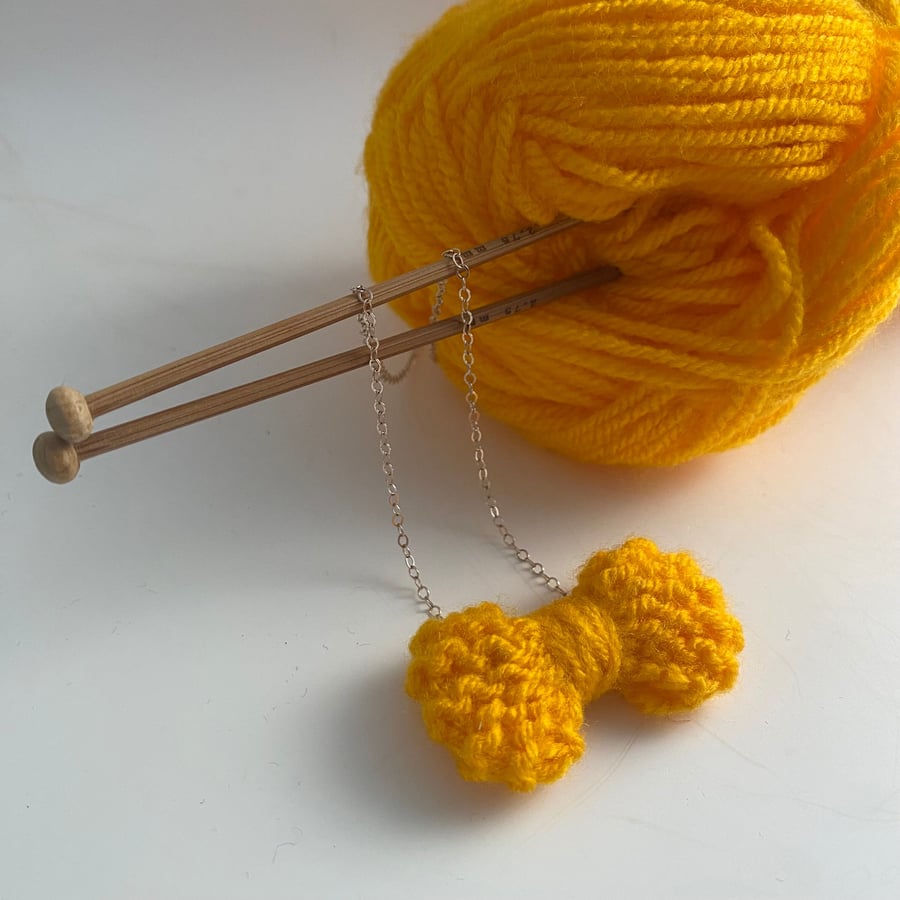 Yellow Knitted Bow Necklace, sterling silver necklace