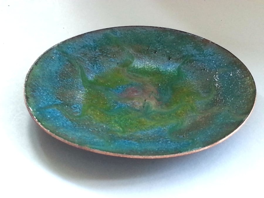 enamel dish - scrolled pink and gold over turquoise