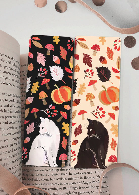 AUTUMN BOOKMARK - Handmade bookmarks - Black cat, white cat and autumn pattern
