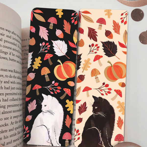 AUTUMN BOOKMARK - Handmade bookmarks - Black cat, white cat and autumn pattern