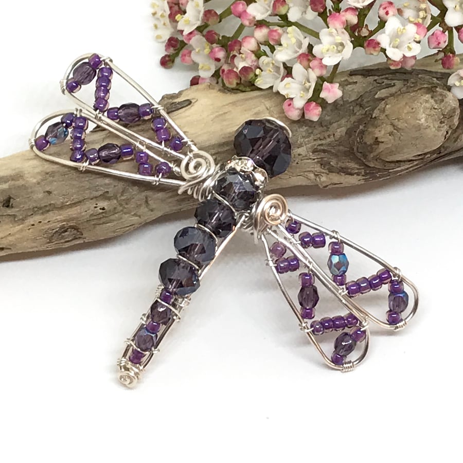 Purple Crystal Dragonfly Brooch, Silver Plated