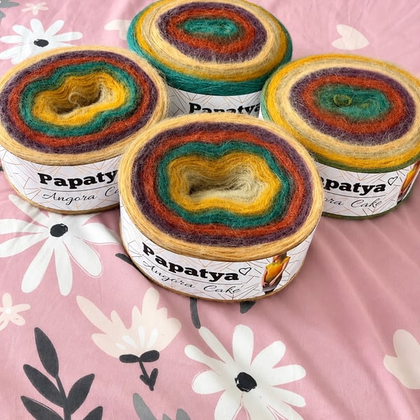 Papatya Angora Cake Yarn 800g – Mustard Teal Rust Burgundy Autumn Gradient