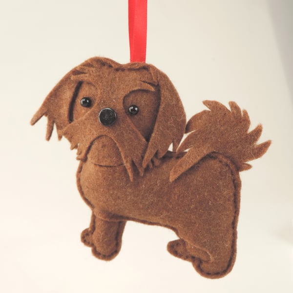 Handmade Felt Shih Tzu Dog, Brown Toy Dog, Hanging Decoration, Twig Tree,
