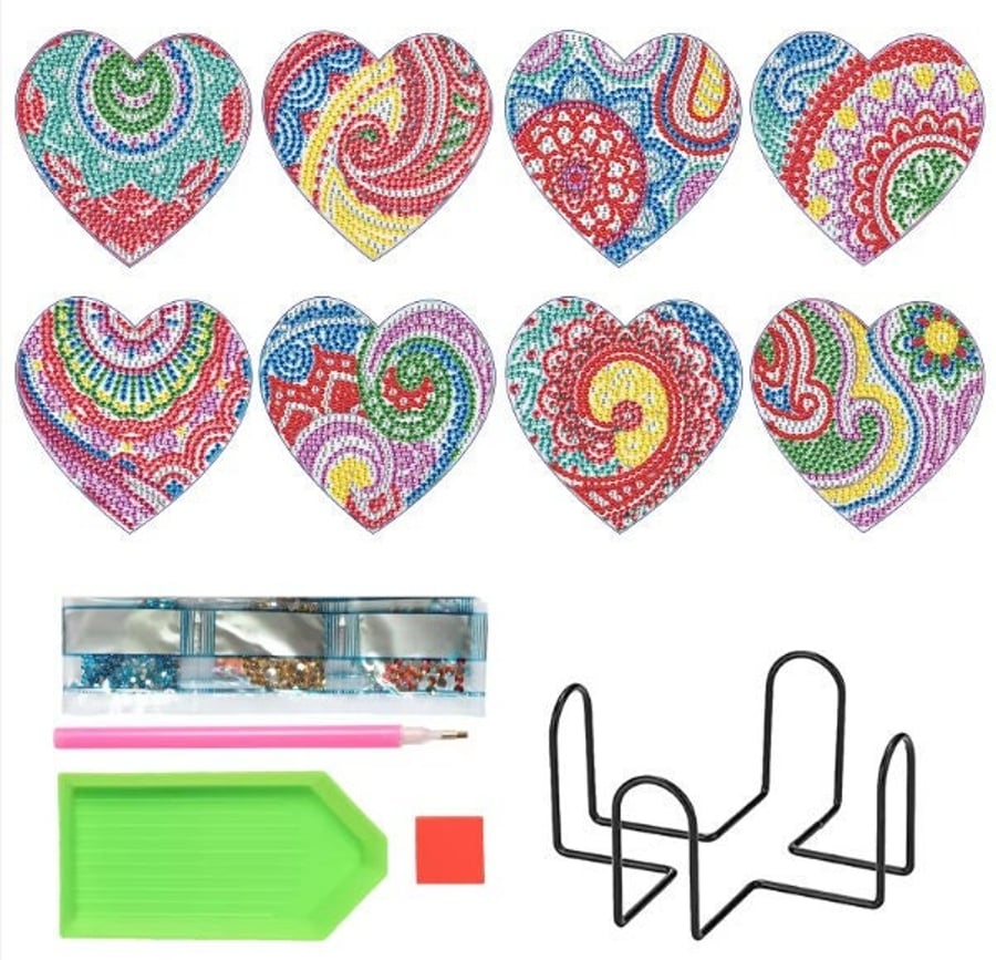 8pcs 5D Diamond Painting Coasters Kit Colourful Mosaic Heart Coasters DIY Heart 