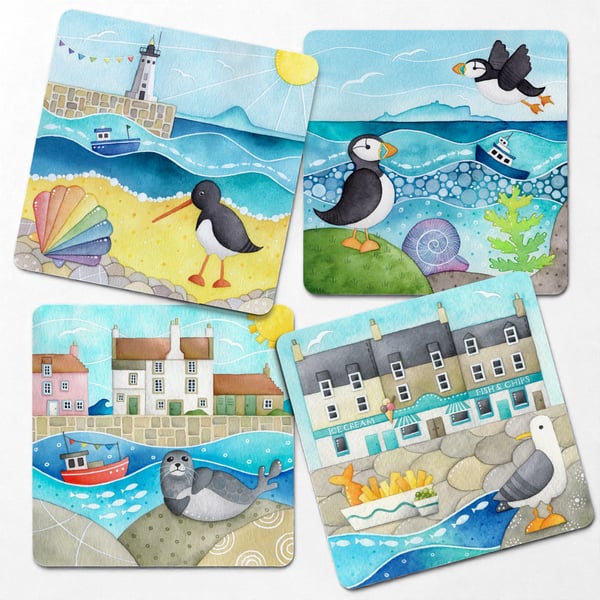 Placemats (Set of 4) Seaside Coastal Watercolour Art - Puffin, Seagull, Seal