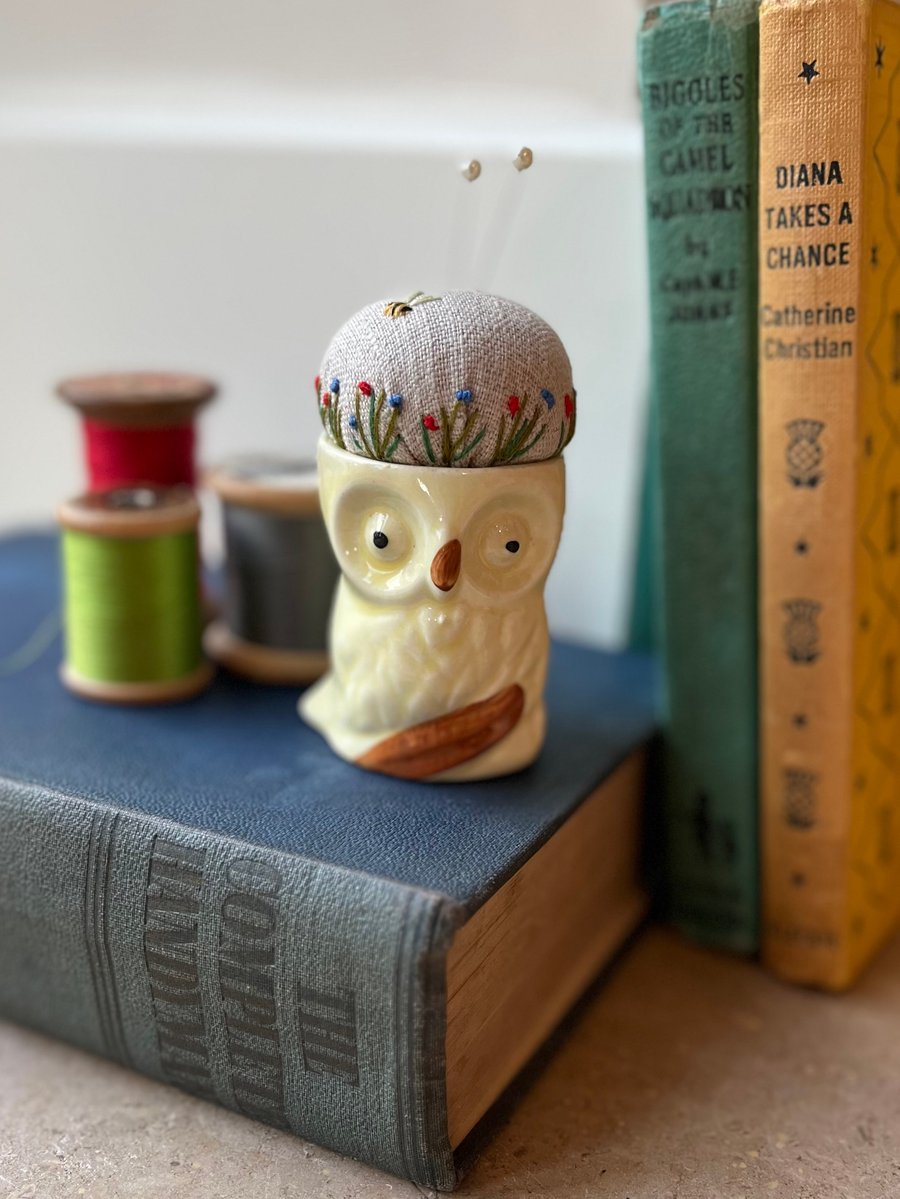 Vintage owl egg cup embroidered pin cushion