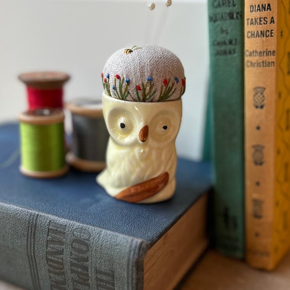 Vintage owl egg cup embroidered pin cushion