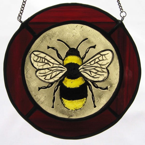 Bumblebee Stained Glass Roundel with Red Surround