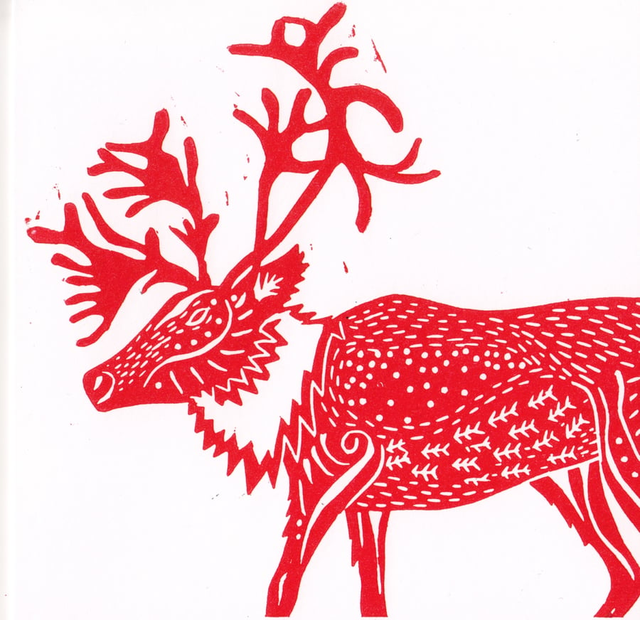 X3 HANDPRINTED CHRISTMAS CARDS - Caribou - red 