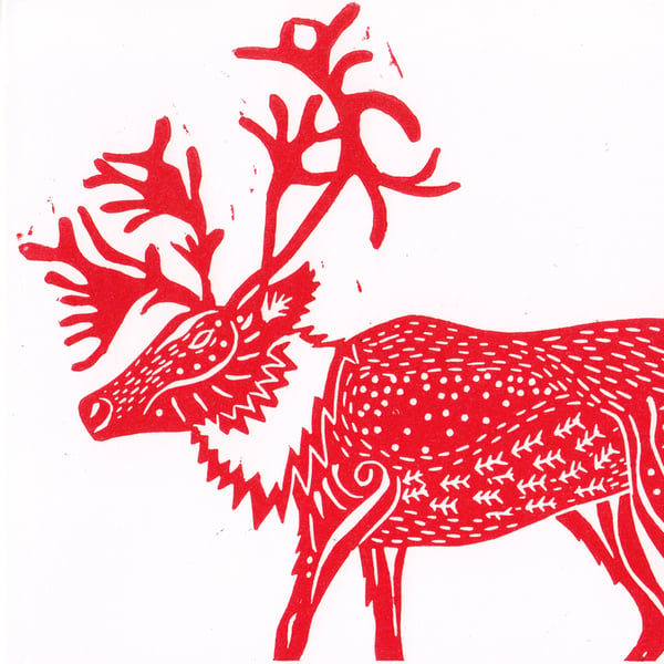 X3 HANDPRINTED CHRISTMAS CARDS - Caribou - red 