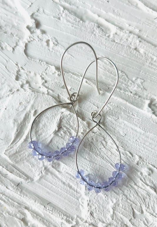 Handmade Delicate Lavender Crystal Wire Teardrop Hoop Earrings