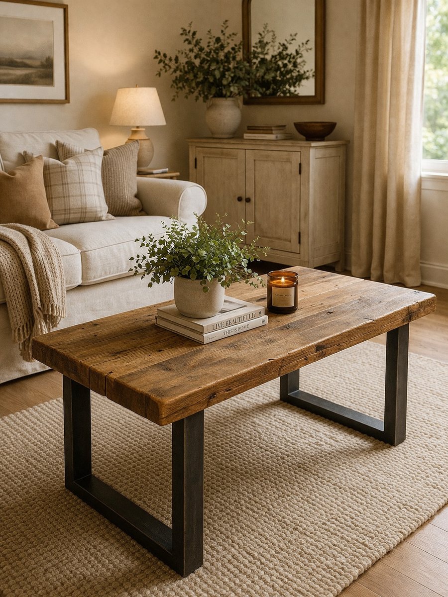 Handmade Rustic Solid Wood Coffee Table with Metal Square Framed Legs