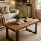 Handmade Rustic Solid Wood Coffee Table with Metal Square Framed Legs