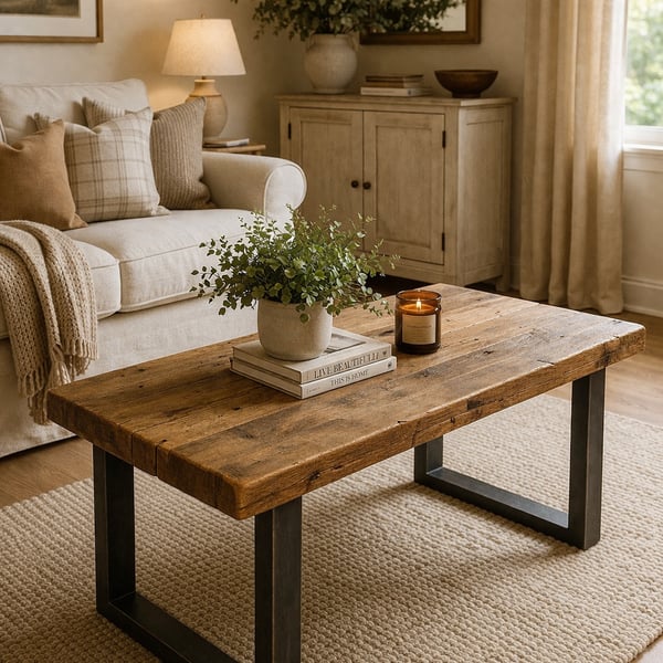 Handmade Rustic Solid Wood Coffee Table with Metal Square Framed Legs