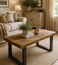 Handmade Rustic Solid Wood Coffee Table with Metal Square Framed Legs