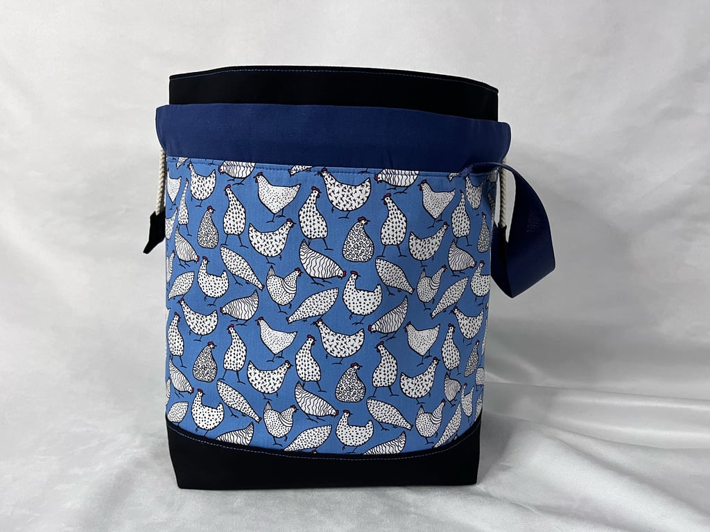 Large Cotton Canvas Drawstring Project Bag Black & Blue Hens