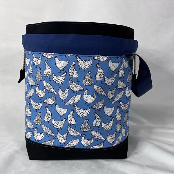 Large Cotton Canvas Drawstring Project Bag Black & Blue Hens