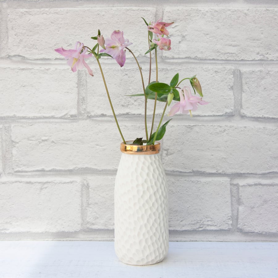 Vase - Porcelain handmade gold top milk bottle bud vase.