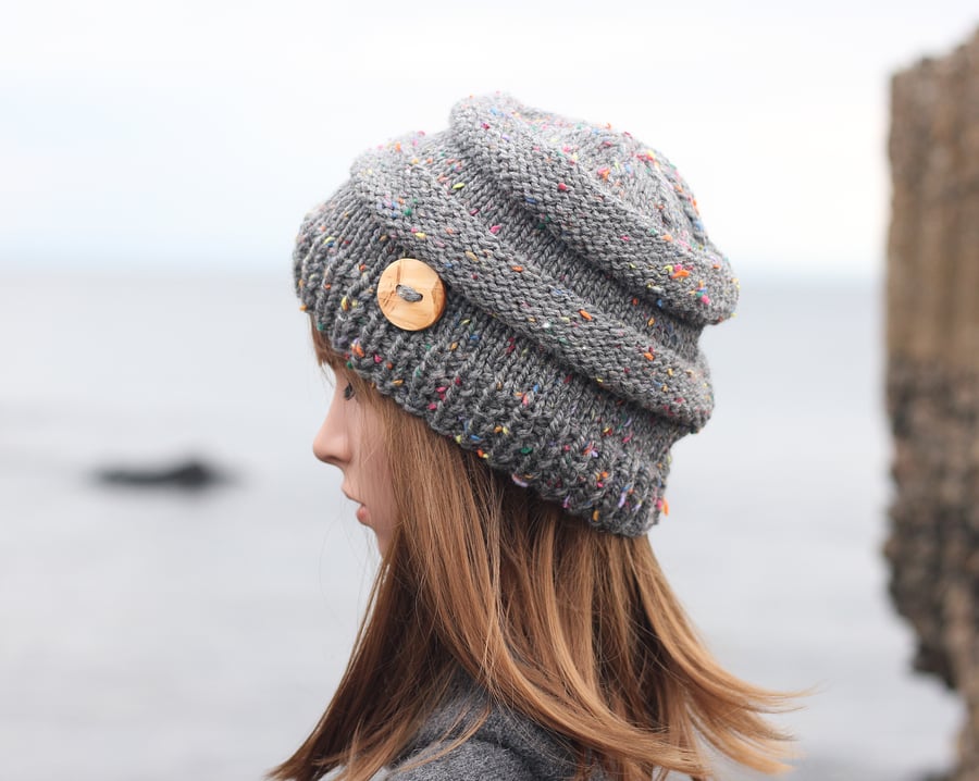 HAT knitted grey tweed, winter autumn hat, women's chunky beanie cap, gift, UK