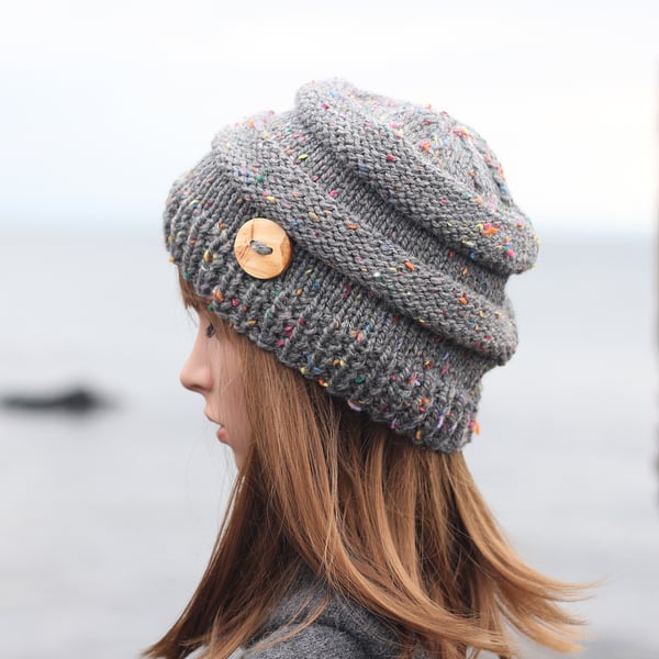 HAT knitted grey tweed, winter autumn hat, women's chunky beanie cap, gift, UK