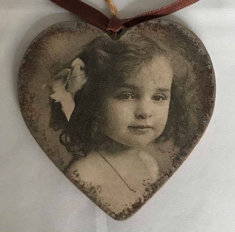 Hanging Heart Decoration Vintage Girl Small Sepia Decoupaged Unusual Ribbon