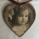 Hanging Heart Decoration Vintage Girl Small Sepia Decoupaged Unusual Ribbon