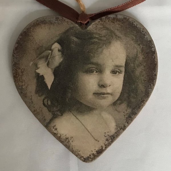 Hanging Heart Decoration Vintage Girl Small Sepia Decoupaged Unusual Ribbon