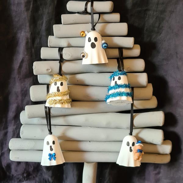 Spooky Christmas 5No 3D Ghosts  - Blue Golden - Hanging Decorations (Set D)
