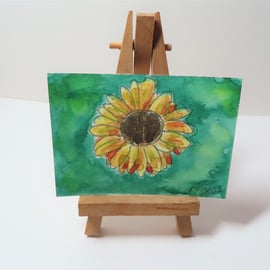 ACEO Animal Art Sunflower Original Watercolour Ink Painting OOAK Floral