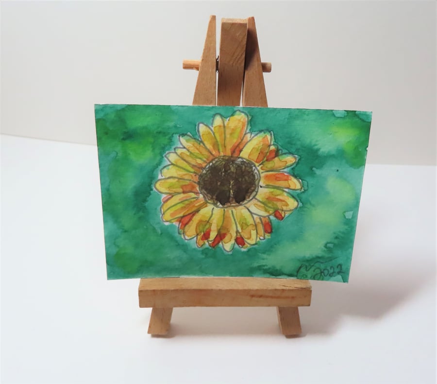 ACEO Animal Art Sunflower Original Watercolour Ink Painting OOAK Floral