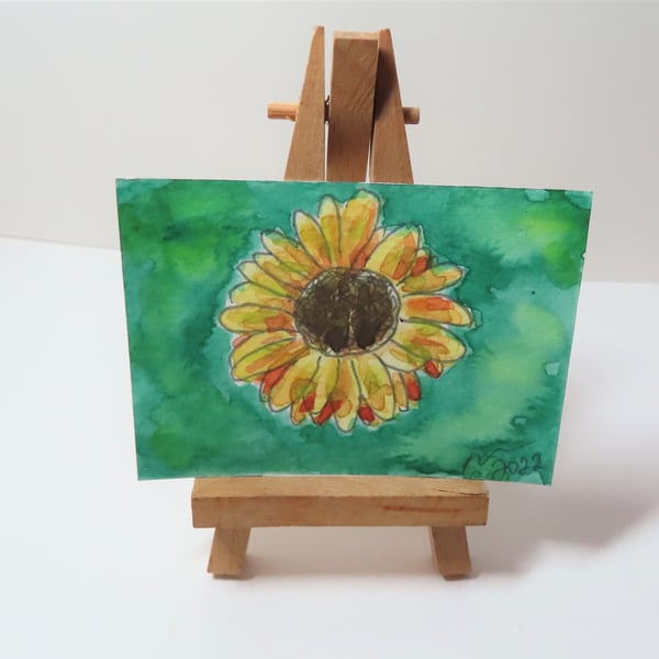 ACEO Animal Art Sunflower Original Watercolour Ink Painting OOAK Floral