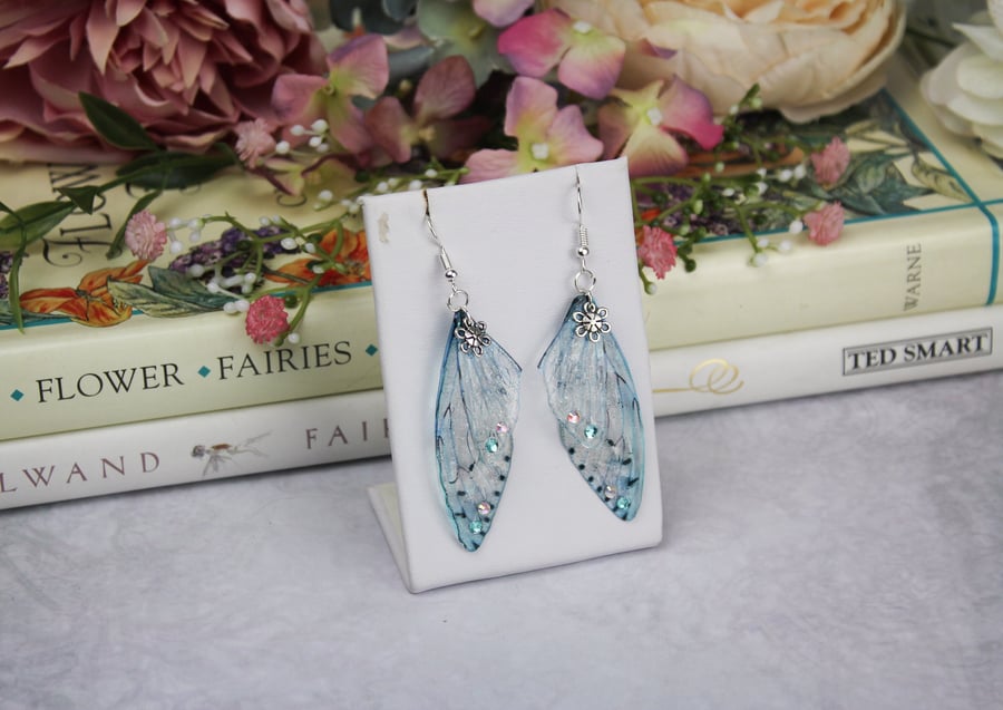 Enchanting Icy Spring Blue Sparkle Cicada - Fairy Wing Butterfly Earrings Boho