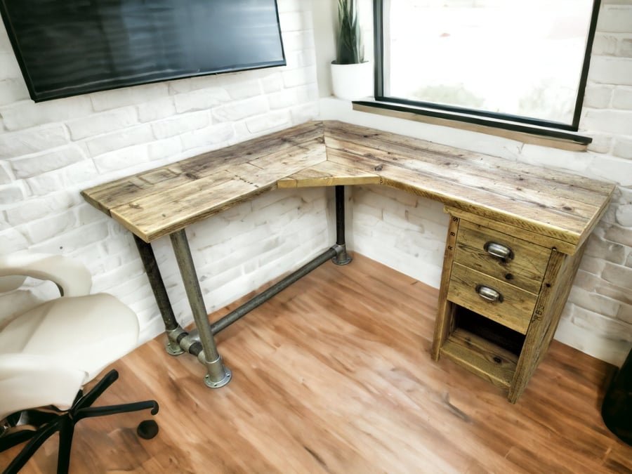 Rustic Desk Corner Two board Mitre Desk with under desk Cupboard, Storage Unit T