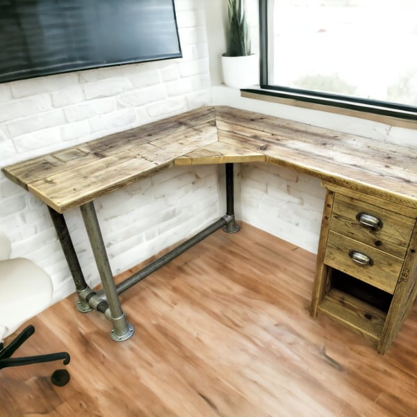 Rustic Desk Corner Two board Mitre Desk with under desk Cupboard, Storage Unit T