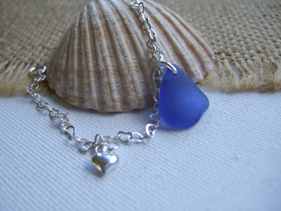 Scottish Sea Glass Bracelet, Heart Chain With Beach Glass, Blue Sea Glass Charm