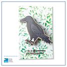 Crow Wooden Illustrated Brooch
