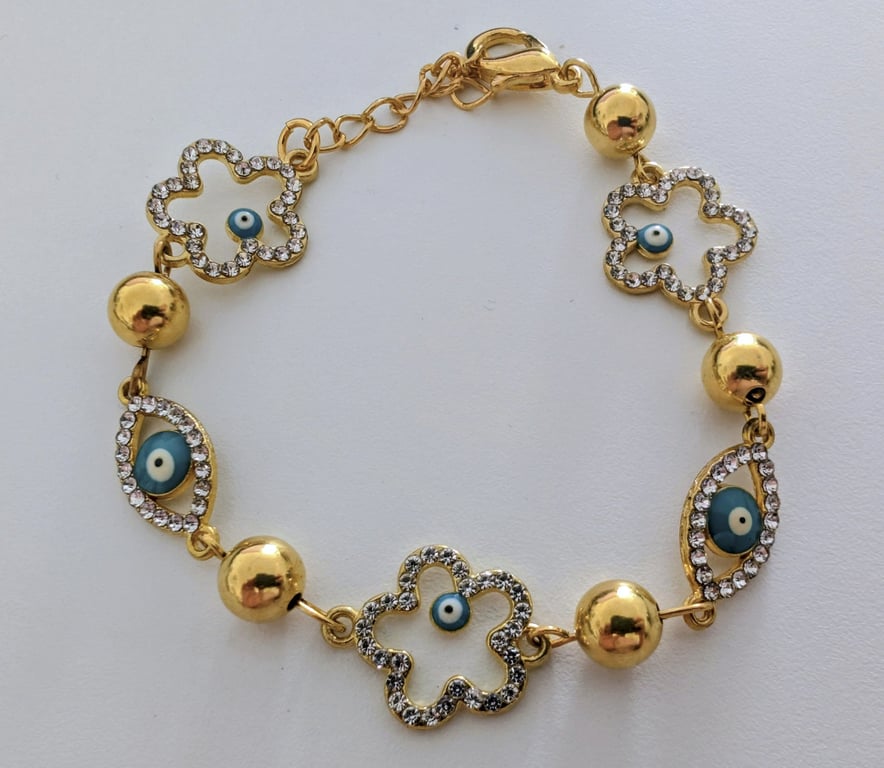 Gold Colour Evil Eye Flower Charm Bracelet - 18cm plus 4cm Extension Chain