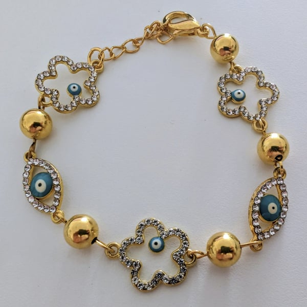 Gold Colour Evil Eye Flower Charm Bracelet - 18cm plus 4cm Extension Chain