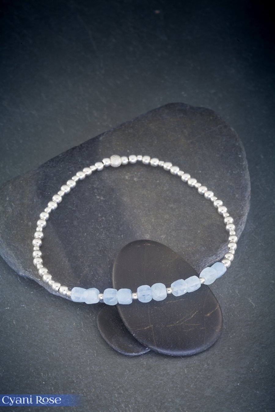 AA grade Aquamarine cubes and sterling silver stretch bracelet march birthday