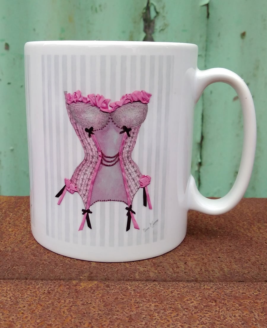 Mug printed with pink and black corset image from original painting