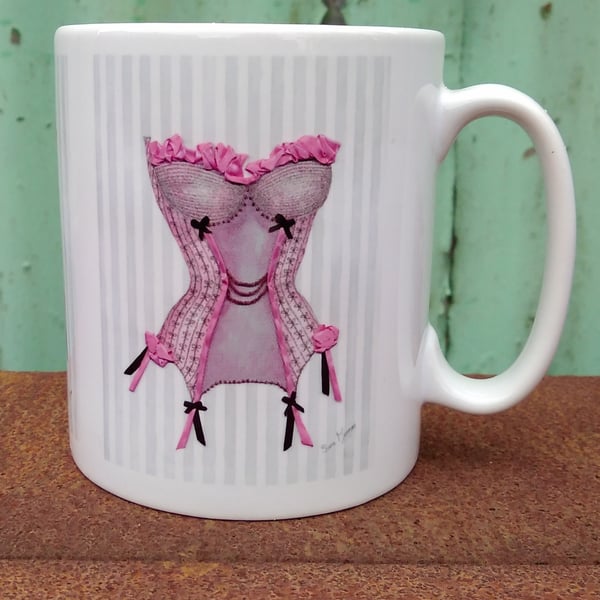 Mug printed with pink and black corset image from original painting