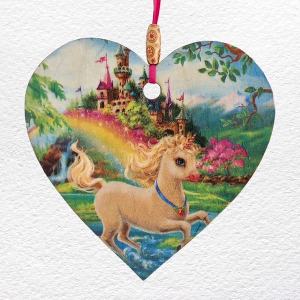 Decoupaged Wooden Hanging Heart 15cm (6") Unicorn design