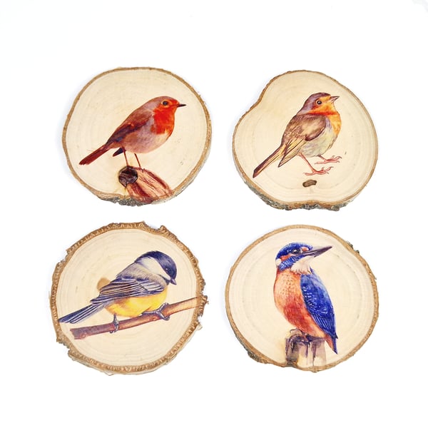 Round wooden coasters, set of 4, birds print, great housewarming gift