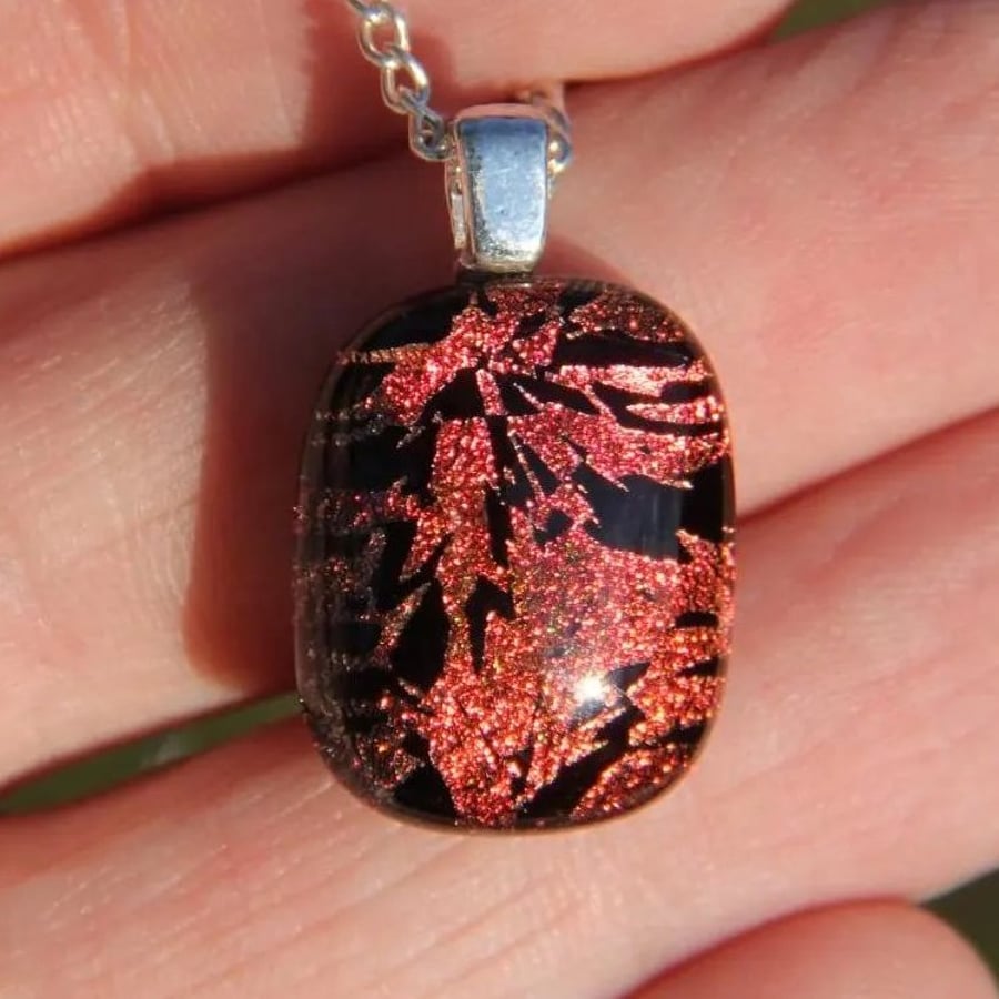 Handmade Small Red Burst Dichroic Pendant Necklace,  Fused Glass SKU F46