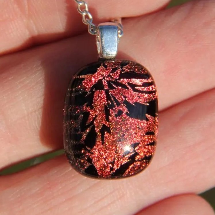 Handmade Small Red Burst Dichroic Pendant Necklace,  Fused Glass SKU F46